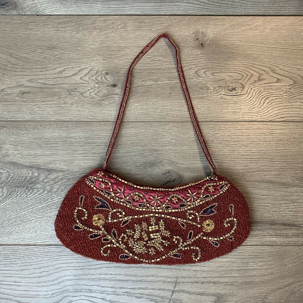 Beaded Purse Clutch Burgundy Satin Copper Gold Color Beads Zip Close, Strap Vtg - Picture 5 of 10